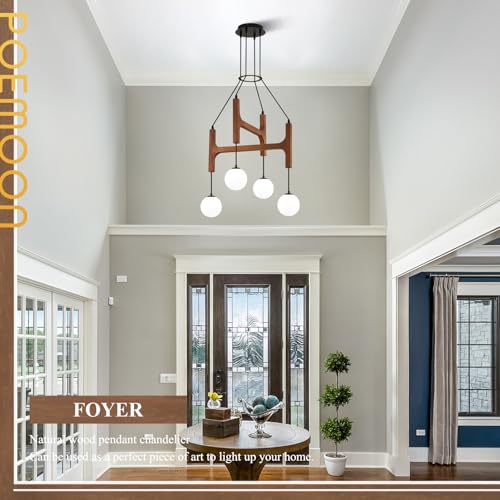 Rustic Wood Chandeliers with Milk Glass Globes Lampshades L24 '' Unique Mid Century Long 4-Light Pendant Chandelier Wood Stained Walnut Farmhouse for Living Dining Room Entryway Bedroom Kitchen,G9 - color: Walnut, size: L24 inches