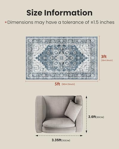 AMADA HOMEFURNISHING 3x5 Washable Area Rug, Low-Profile Entryway Rug with Non-Slip Backing & Durable Edge Binding, Vintage Rugs for Bedroom, Entryway & Kitchen - color: Blue, size: 3' x 5' (Rectangular)