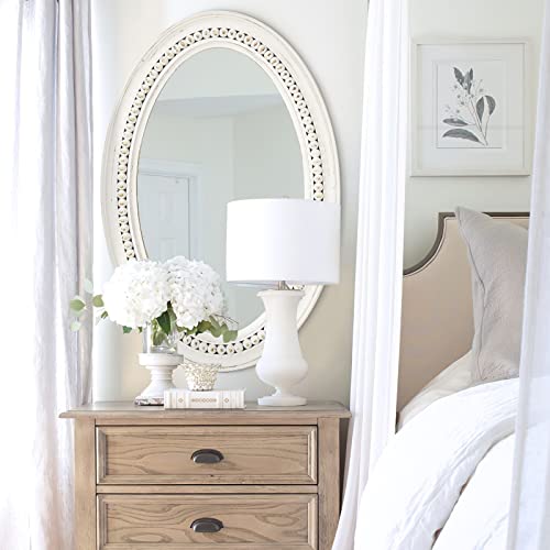 H HOMEWINS Oval Mirrors for Wall,24x36 Oval Wooden Rustic Farmhouse White Beads Boho Decorative Mirror for Bedroom, Bathroom, Living Room,Vanity - color: White, size: 36"L x 24"W