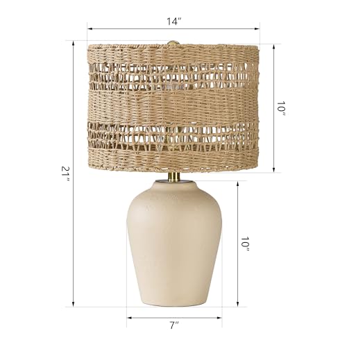 Maxax Boho Ceramic Table Lamp for Living Room, 21" Farmhouse Ceramic Bedside Lamp with Woven Rattan Shade, Coastal Rattan Bedroom Lamp for Nightstand - color: Beige