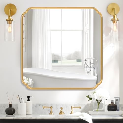 Ferytange Gold Bathroom Mirror for Wall 36" x 36" Square Bathroom Vanity Mirror Farmhouse, Large Rounded Rectangle Mirror, Anti-Rust, Tempered Glass, Hangs Horizontally or Vertically - color: Gold, size: 36"L x 36"W