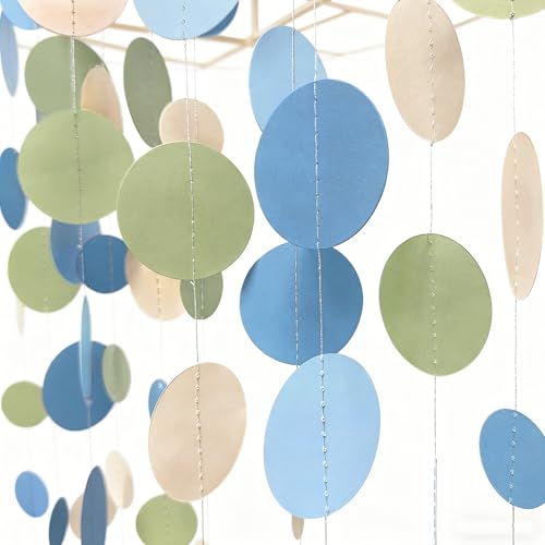 Dusty Blue and Sage Green Beige Polka Dot Garland Olive Green Dusty Blue Cream Nude Hanging Paper Circle Dots Streamer for Birthday Baby Shower Wedding One Silly Goose Theme Party Decorations Supplies - color: Blue Green Beige