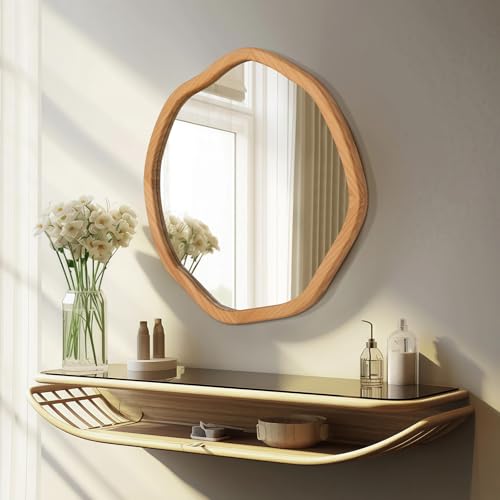ULIKE Round Wood Mirror, 30 Inch Irregular Circle Vanity Wall Mirror with Wooden Frame, Rustic Decorative Wall Mount for Bathroom Bedroom Living Room Entryway, Natural - color: Wood, size: 30"L x 30"W