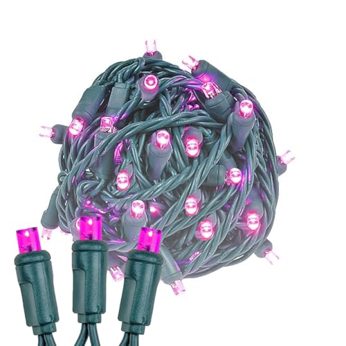 Novelty Lights 25ft 50 LED Pink Christmas Lights Outdoor/Indoor, 6" Spacing, Green Wire String Lights for Festive Xmas Lighting, IP55, UL Listed, Dimmable, Connectable - color: Pink