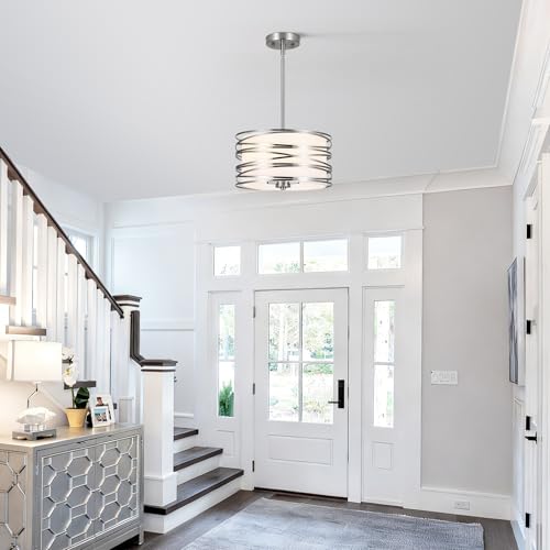 ACNKTZ 12.6'' Brushed Nickel Drum Chandelier, 3-Lights Hanging Dining Room Light Fixtures Over Table, Simple Round Pendant Lighting for Kitchen Island Hallway Bedroom Foyer Bathroom Office - color: Brushed Nickel, size: 12.6"/3-Light
