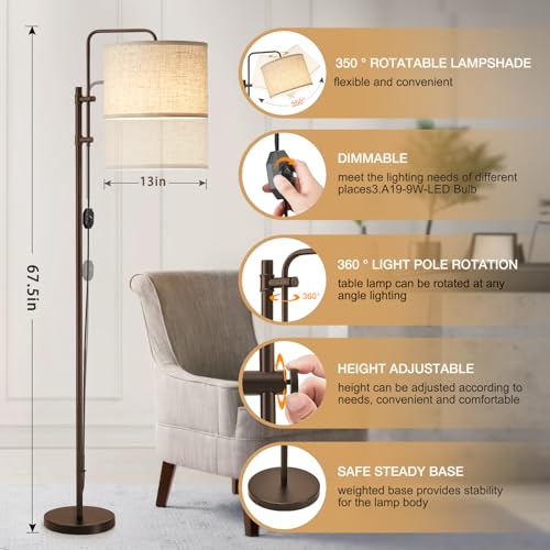 Floor Lamp for Living Room, Adjustable Height Standing Lamps with 350° Rotate Linen Lampshade, 67.5-Inch Brown Modern Tall Lamp Dimmable Floor Lamps for Corner Bedroom Home Office (Bulb Included) - color: Brown+Linen Fabric Shade