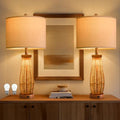 OYEARS 28" Table Lamps Set of 2 with Dual Night Lights, Bedside Lamps for Bedroom, Boho Lamp for Living Room, Rattan Table Lamp with Linen Shade, Farmhouse Lamp with Wood Grain Finish (Bulb Included) - color: Antique Brown