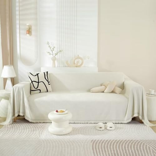 ROOMLIFE Beige Boho Couch Cover Sofa Covers with Tassel Farmhouse Sofa Slipcover Simple Couch Protector for Dogs Chenille Sectional Couch Covers L Shaped Couch Cushion Covers, 71"x 118"