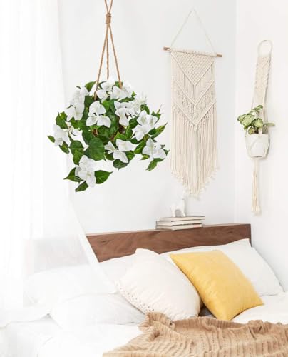 Briful Fake Hanging Basket Flowers, 27.5in Faux White Bougainvillea Flowers in Woven Rattan Planter with Cascading Vines for Home Garden Balcony Outdoor Porch Decor - color: White