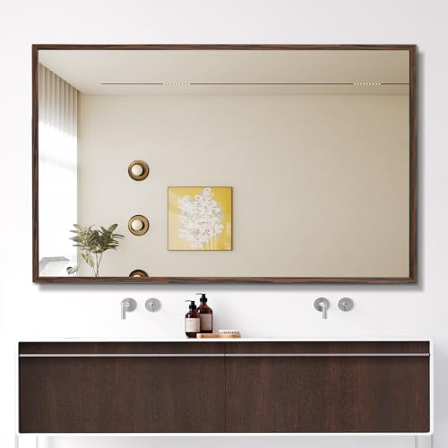 Walnut Wood Bathroom Mirrors for Wall Mounted, 48" x 30" Rectangle Rustic Wood Framed Wall Mirror, Decorative Farmhouse Mirror for Bathroom, Bedroom, Entryway, Horizontally/Vertically - color: Walnut, size: 48"L x 30"W