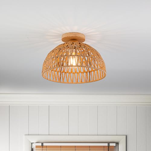 Boho Rattan Ceiling Light Fixtures Boho Lamp Shade Flush Mount Ceiling Light Hand-Woven Small Chandelier Wooden Base Chandelier Light for Hallway Bedroom Kitchen Nursery - color: Brown-Ceiling light