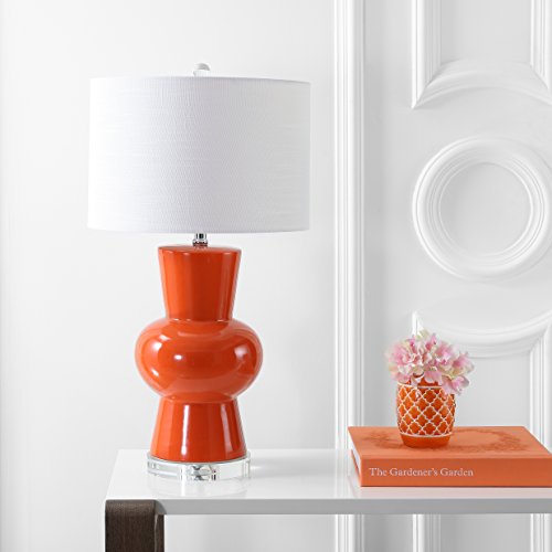 JONATHAN Y 28.5" Coral Ceramic Table Lamp for Living Room Bedroom Nightstand, Modern Hourglass LED Bedside Lamp with Crystal Base and Linen Shade (JYL4027C) - color: Coral