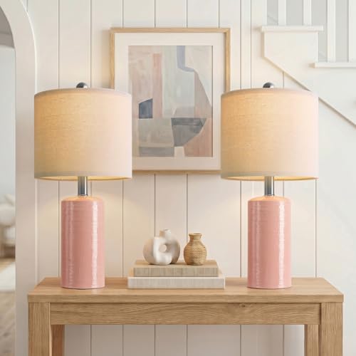G-SAFAVA 20.5" Small Table Lamps for Living Room Lamp Set of 2 Ceramic Lamps for Bedroom Bedside Lamps Modern Boho Lamps for Night Stands Farmhouse Nightstand Lamp Side End Table Lamp, Pink - color: Pink