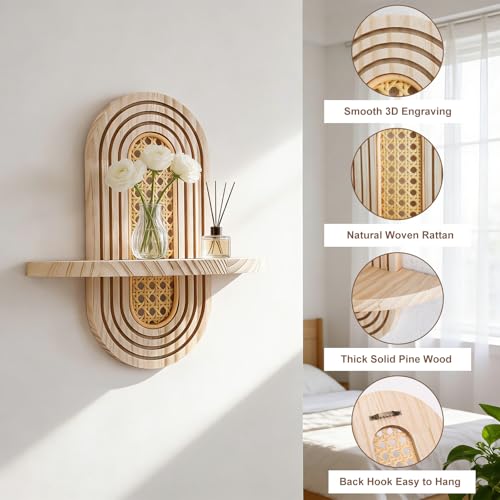 Artilady 2 Pack Boho Shelves Wall Decor - Natural Rattan Solid Wood Floating Shelf Rainbow Arch 2 Tier Trinket Plant Storage Rack Modern Wall Art for Bedroom Nursery Bathroom Office - color: Rattan Burlywood