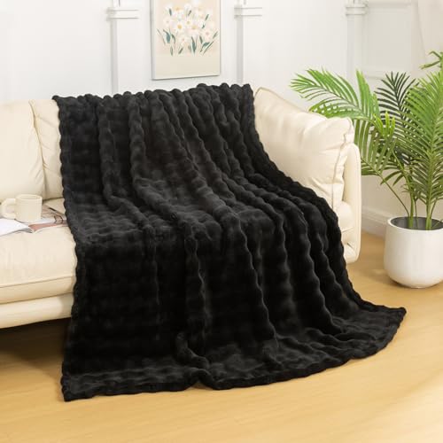 YUSOKI 3D Fleece Bubble Throw Blanket | 380GSM Ultra Soft Fluffy Plush | Non-Shedding Lightweight Cozy Blanket for Couch Sofa Bed | All Season(Black,50 * 60inches) - color: Black, size: Throw(50" x60")