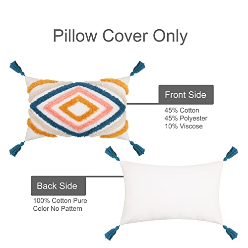 JASEN Colorful Boho Throw Pillow Covers 12x20, Diamond Pattern Lumbar Pillow Covers with Tassel Woven Tufted Decorative Pillow Cover for Couch Sofa Bedroom Living Room - color: Blue, size: 20" x 12" (Pack of 1)