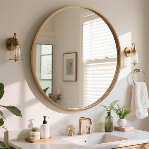 WallBeyond Round Wood Mirror, 36" Round Modern Decoration Large Circle Wall Mirror for Bathroom Living Room Bedroom Entryway, Natural - color: Natural, size: 36"L x 36"W