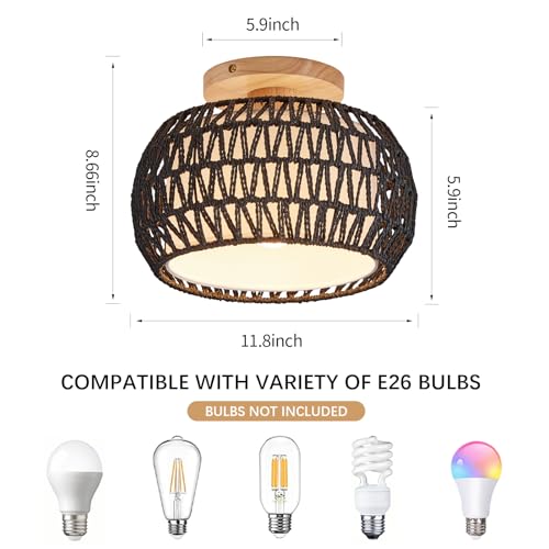 Boho Rattan Ceiling Light Fixture - 3 Style Options Wicker Semi Flush Mount Ceiling Lights,Black Bohemian Woven Basket Chandelier,Coastal Light Fixtures for Hallway Bedroom Nursery Playroom Laundry - color: Black
