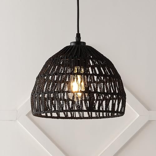 JONATHAN Y 10.25" Black Modern Bohemian Woven Rope LED Pendant Light Fixture, Adjustable Dome Ceiling Lamp for Kitchen Island, Rope Shade, Coastal Farmhouse Decor (JYL6513B) - color: Black, size: 10.25"
