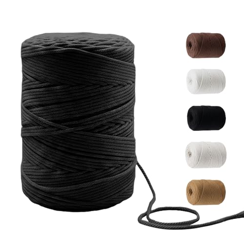 220 Yards Macrame Cord 4 Strand Twisted Recycled Cotton 4mm Black String for Crafts Wall Hangings Plant Hangers DIY Knitting Macrame Supplies - color: Black, size: 4mmx220Yards