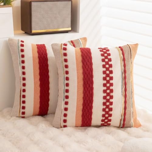 Boho Throw Pillow Covers 18x18 Set of 2 Christmas Decorative Cushion Case Striped Square Pillows Cover Chenille Pillow Cases Accent Neutral Pillowcase for Sofa Couch Bed,Red - color: Red Stripe