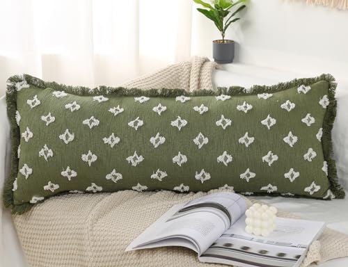 Boho Long Lumbar Pillow Cover 16x36 with Tassel Fringe,3D Flower Patterned Extra Decorative Long Lumbar Pillow Cover Case for Sofa Couch Bed Livingroom Farmhouse,Sage Green - color: Sage Green, size: 36" x 16" (Pack of 1)