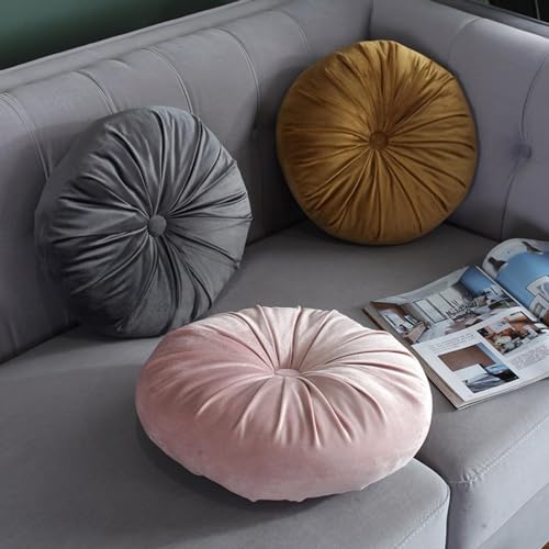 Round Throw Pillow 13.7” Dutch Velvet Pleated Round Pumpkin Throw Pillow Couch Pillows Floor Cushions for Sofa Chair Bed Car Living Room Home Decoration, Grey - color: Grey