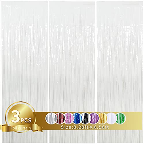 3Pcs White Metallic Tinsel Foil Fringe Curtains, 3.28ft x 6.56ft White Photo Booth Backdrop Streamer Curtain,Photo Booth Props, Bachelorette Party Supplies, Birthday, Christmas,New Year Decorations - color: White