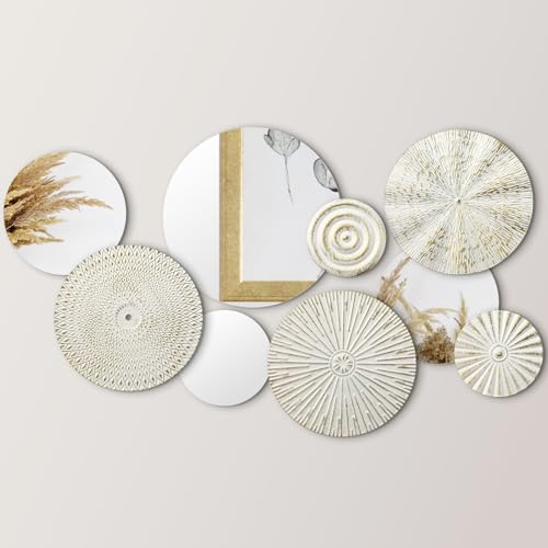 Blulu 9 Pcs White Gold Mirror Wall Decor Metal Round Home Art Decor Decorative Modern Circle Mirror Wall Art Sculpture Hanging Decorations for Home Living Room Office - color: White, Gold