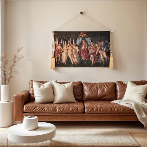 AureoMadis Primavera by Botticelli Tapestry Wall Hanging Set, 42"x27" Renaissance Medieval Vintage Victorian Woven Tapestries with Rod, Tassels & Hooks (Green：Botticelli's 'The Spring' Inspired Timeless Color Symphony) - color: Green：Botticelli's 'The Spr