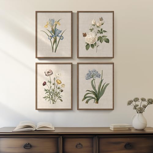 Framed Botanical Floral Wall Art, 4 Piece Vintage Flower Canvas Painting Prints for Bedroom, Rustic Floral Butterfly Pictures for Farmhouse Kitchen Living Room Dining Room Hallway Wall Decor, 11x14 In - color: Floral - Walnut Framed, size: 11" W x 14" H x
