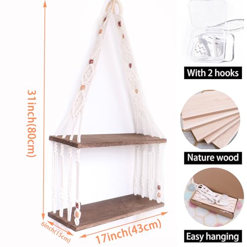 TENEWEE Boho Wall Hanging Shelves Macrame Floating Plant Photos Wood Shelf for Bedroom Living Room Apartment Decor (Black) - color: Black
