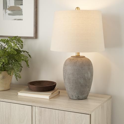 Nourison Home 23" Greyish Brown Earth Tone Rustic Farmhouse Ceramic Table Lamp for Bedroom, Living Room, Dining, Office, with Beige Linen Shade - color: Earth Brown, size: 1 Lamp - Drum Shade