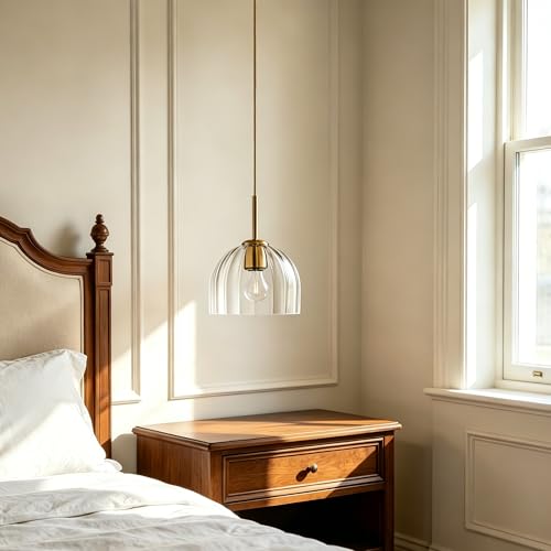 Modern Pendant Light Kitchen Island, Nordic Boho Dome Chandelier, 7.86" Bell Lamp Shape Hanging Ceiling Lighting Fixture with Clear Striped Glass Lampshade Dining Room - color: Clear, size: 20CM