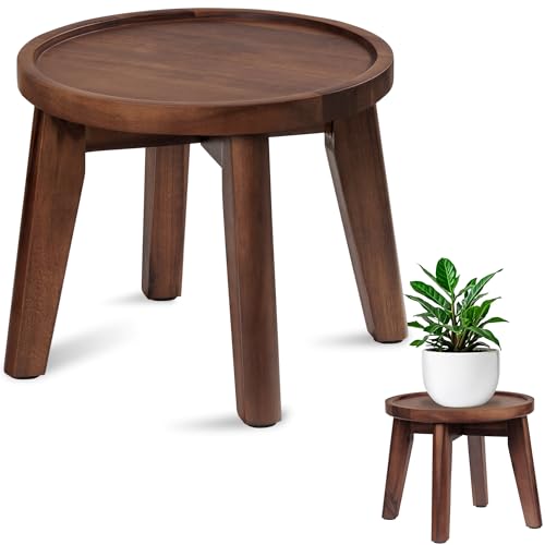 Demigo Indoor Plant Stand, Acacia Wooden Decorative Plant Shelf with Spill-Proof Tray, Stable 8” Tall Flower Holder for Heavy Pots, Gardening Display for Decor Living Room Patio - Dark Brown - color: Dark Brown, size: Medium
