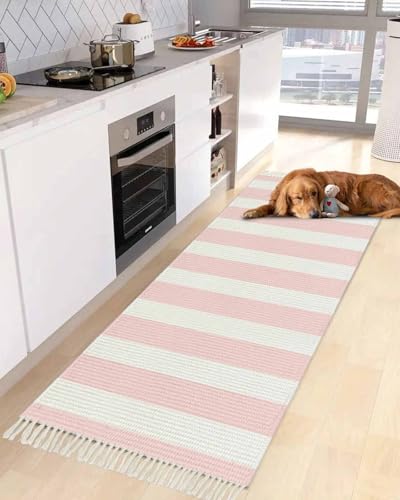 Pink Stripes Kitchen Runner Rug 2'x4', Washable Woven Cotton Area Rug with Tassels Bathroom Hallway Rug, Farmhouse White Simple Vertical Striped Entryway Bedroom Rug Non Slip Throw Rug Carpet - color: Pink, size: 2 x 4 ft