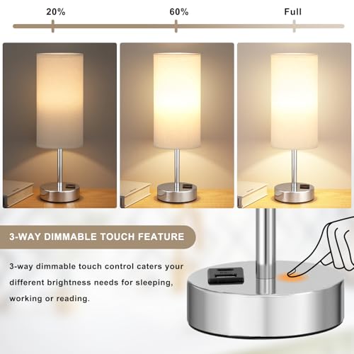 Dicoool Bedside Table Lamps for Bedroom Set of 2 - Touch Lamp for Nightstand with USB-A+C Charging Ports - 3 Way Dimmable Small Desk Lamp White for Office, Dorm Room, Living Room, Reading, Nursery - color: White & Silver, size: 14in