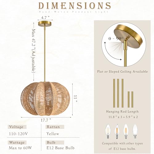 17.7 Inch Rattan Pendant Light Hemp Rope Rattan Light Fixture Woven Pendant Wicker Chandelier 3-Light Boho Chandelier for Bedroom - color: 17.7" Natural