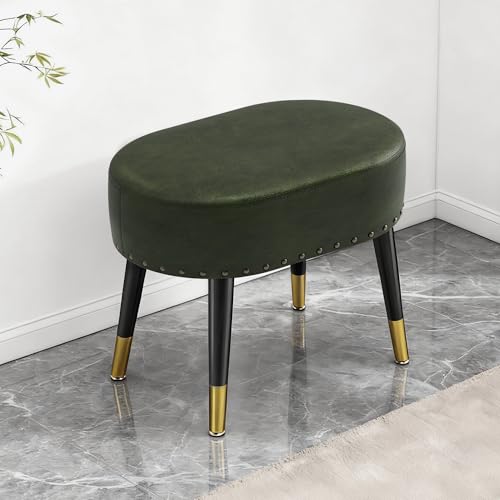 LITZFUR Vanity Stool Chair for Makeup, Pu Leather Oval Footrest, Vintage Rivet Ottoman Bench with Metal Legs, Dressing Stool for Batheroom, Living Room, Entryway, Green - color: Green