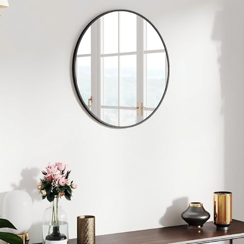 SCWF-GZ 20" Round Mirror Circle Wall Mounted Hanging or Against Wall Metal Frame Dressing Make-up Mirrors for Entryway Bedroom Bathroom Living Room 20 inch Black - color: Black, size: 20"L x 20"W
