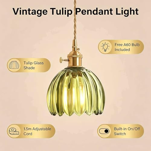 Green Tulip Glass Pendant Light, 1 Natural Light Bulb Included, Adjustable Cord with Switch, Suitable for Kitchen Island/Dining Room - color: Green 1pc Tulip Pendant Light