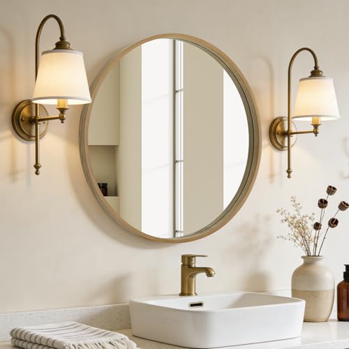 WallBeyond Round Mirror with Wood Frame, 28" Circle Modern Decoration Large Home Decor Mirror for Bathroom Living Room Bedroom Entryway (28" Diameter, Natural Wood) - color: Natural, size: 28"L x 28"W