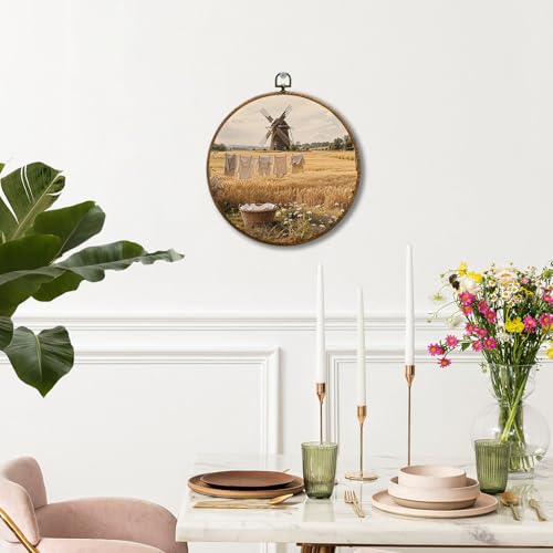 JUIOEIU Vintage Fall Rustic Farmhouse Round Wall Decor, Country Laundry Day Framed Canvas Prints, Retro Cottagecore Landscape Wall Art Hanging Decorations for Washroom Laundry Room Decor, 10x10in - color: Laundry room07