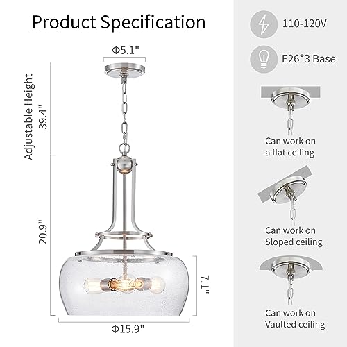 WUZUPS Chandelier Rustic Farmhouse Industrial Round Ceiling Pendant LED Light Fixture Clear Seeded Glass Shade for Dining Room Kitchen Island Foyer Entryway, H 20.9" x W 15.9", Brushed Nickel - color: Pendant Light, Brushed Nickel, 3-Light, size: H 20.9"