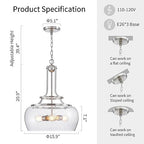 WUZUPS Chandelier Rustic Farmhouse Industrial Round Ceiling Pendant LED Light Fixture Clear Seeded Glass Shade for Dining Room Kitchen Island Foyer Entryway, H 20.9" x W 15.9", Brushed Nickel - color: Pendant Light, Brushed Nickel, 3-Light, size: H 20.9"