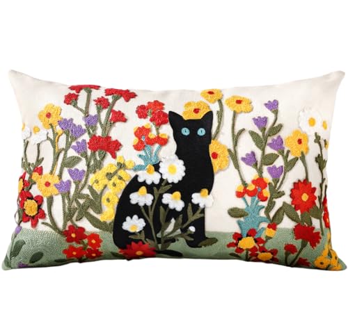 Embroidered Lumbar Pillow Cover - 20x12 Decorative Pillow Cover with Zipper Aesthetic Cute Design Boho Spring Summer Throw Pillowcase for Living Room Couch Sofa Bed, Flower Cats - color: Flower Cats, size: 20" x 12" (Pack of 1)