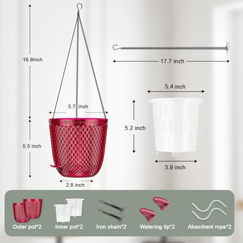 QCQHDU Hanging Planters for Indoor Plants, 2-Pack, 5.7 Inch, Red | Plastic, Self Watering Plant Hanger, with Drainage Holes, 3 Hooks Chains, For Garden Home - color: Red, size: 5.7in
