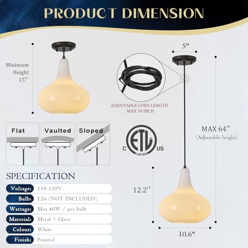 11" Milk White Glass Pendant Light – Modern Ceiling Hanging Fixture Matte Black for Kitchen Island, Dining Room, Hallway – E26 Base - color: White