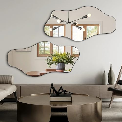 Irregular Frameless Mirror, 47.2"x21.6" Modern Asymmetrical Wall Mirror Abstract Unique Shaped Mirrors for Living Room Bedroom Hallway Entryway, Horizontal or Vertical Hanging - color: Black, size: 47.2"L x 21.6"W