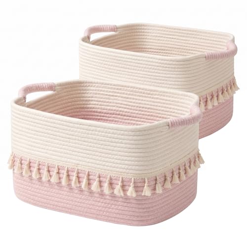TeoKJ Storage Baskets 2 Packs, Storage Basket for toys,Towel, Storage Bins, Woven Basket for Shelves Bedroom Laundry Nursery, White & Pink - color: White & Pink, size: 2 Pack